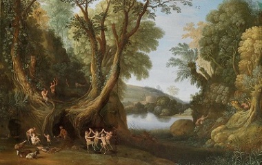 Fauns in a wooded landscape