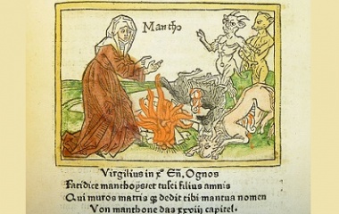Woodcut illustration of Manto, daughter of Tiresias