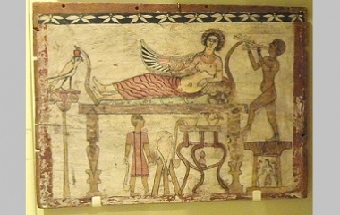 Coffin floorboard depicting Isis being served wine