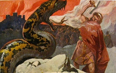 Final battle between Thor and Jörmungandr